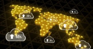 Animating cloud storage usage percentages over digital world map. Technology, animation, cloud computing, data visualization, statistics, global - Powered by Shutterstock - Get 15% off with code: PIKWIZARD15