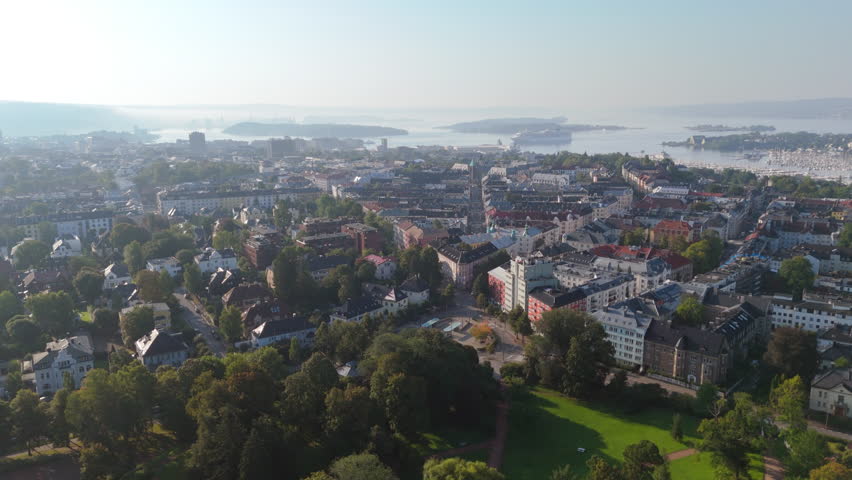 Aerial above Frognerparken with view of Oslo city and Oslofjord with cruise ship