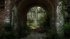 The weathered remains of a once grand European mansion reveal a rusty iron gate, partially obscured by lush greenery, inviting exploration of its mysterious past. - Powered by Shutterstock - Get 15% off with code: PIKWIZARD15