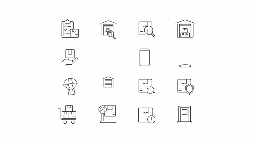 Delivery types animation set. Transportation service animated line icons. Parcel safety, shipping packages. Black illustrations on white background. HD video with alpha channel. Motion graphic
