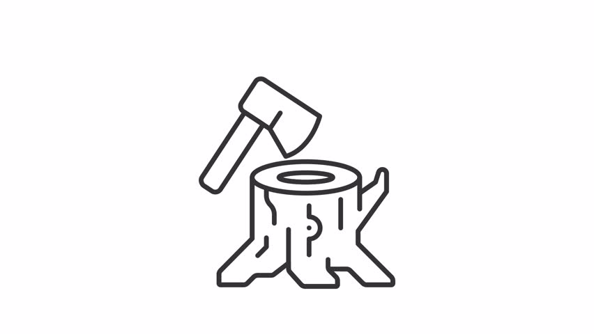 Deforestation line animation. Animated tree stump and axe icon. Forest degradation and exploitation. Chopping wood. Black illustration on white background. HD video with alpha channel. Motion graphic