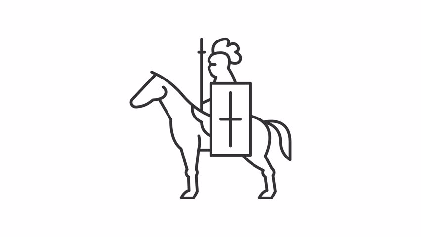 Animated knight icon. Medieval warrior horseback line animation. Armor, shield and lance. Chivalry concept. Black illustration on white background. HD video with alpha channel. Motion graphic