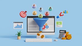 Lead generation concept. Financial analysis, business marketing strategies. Audience outreach and conversion. 3D computer with lead generation icons. 4K 3D animation. Trim first 3 sec for loop - Powered by Shutterstock - Get 15% off with code: PIKWIZARD15