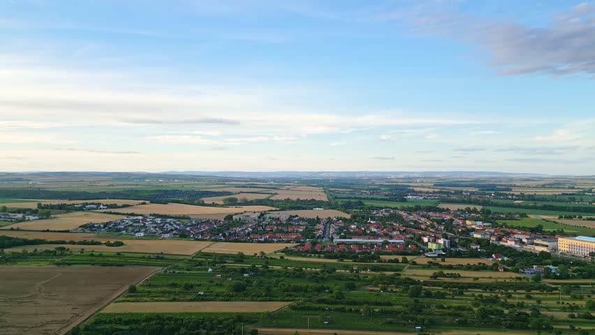 Aerial drone video of the town Hrušovany u Brna, capturing a bird