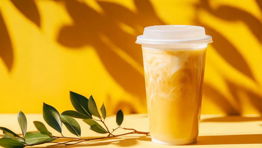 An iced latte in a clear plastic cup with a branch against a yellow background.