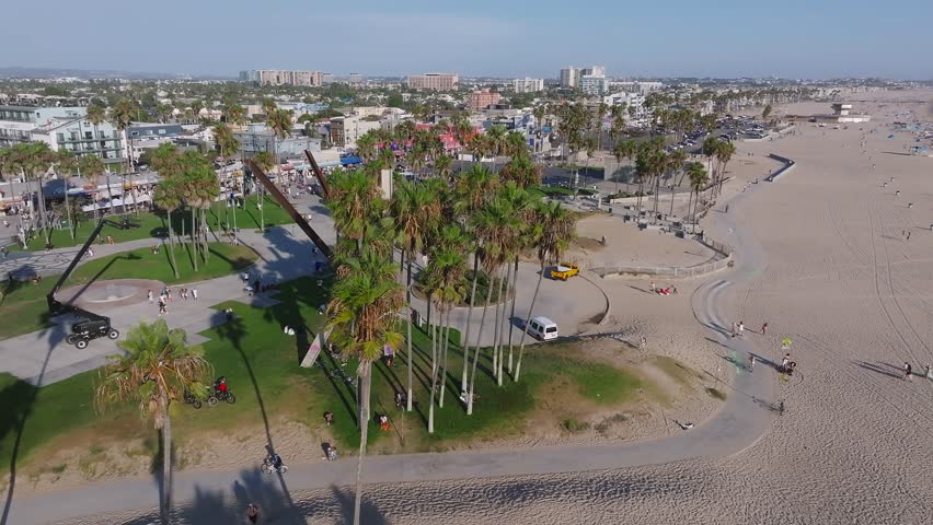 Aerial view of the Venice beach in Los Angeles California, USA. Beautiful summer time at the Venice beach with people enjoying nice weather, beach and the ocean.