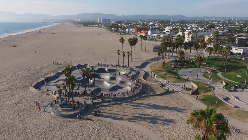 Aerial view of the Venice beach in Los Angeles California, USA. Beautiful summer time at the Venice beach with people enjoying nice weather, beach and the ocean.