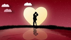 Romantic Silhouette Couple Hug Animation, Romantic Cute Couple Love Background Cute, Abstract Animation Of Couple Love Motion At Night Animation With Glowing Heart And Stars Are Moving. With Water Ref - Powered by Shutterstock - Get 15% off with code: PIKWIZARD15