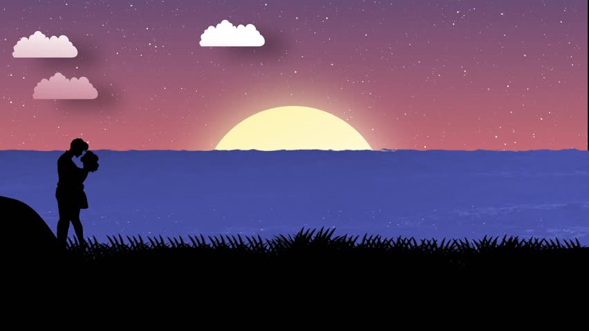 Romantic Silhouette Couple Hug Animation And Standing At Sea View , Silhouette Romantic Couple Love Each Other At Night, Valentine Couple Background Animation