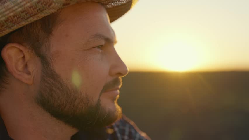 Calm middle-aged man admiring beautiful agricultural landscape in sunset. Closeup side portrait of male farmer in picturesque farmland in early morning, viewing sunrise, unity of human and nature,
