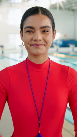 Face, woman and coach for swimming sport of fitness class, aquatic learning and water exercise at pool. Female teacher, arms crossed and swimmer safety with wellness performance for start of lesson