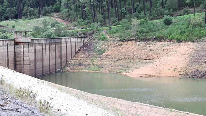 An aerial view of the drought at the Rio da Mula Dam in Portugal in 2022