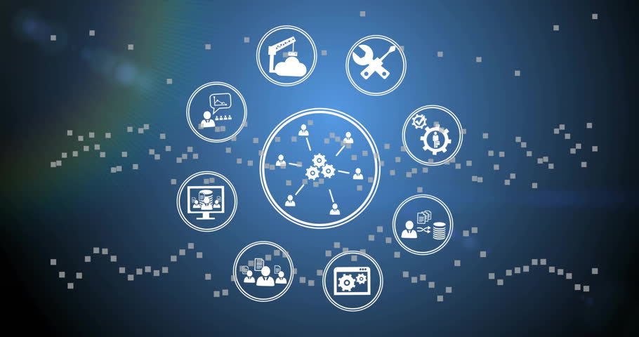 Animation of interconnected icons representing various business tools and processes. technology, connectivity, network, workflow, innovation, strategy