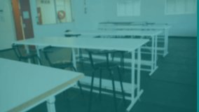 Animating interconnected icons over empty classroom background. Technology, education, network, connectivity, digital, innovation - Powered by Shutterstock - Get 15% off with code: PIKWIZARD15