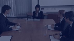 Network connections and data points animating over business meeting in conference room. Technology, connectivity, digital, animation, collaborative - Powered by Shutterstock - Get 15% off with code: PIKWIZARD15