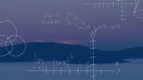 Mathematical equations and graphs animation over serene coastal landscape at dusk. Technology, data, analytics, coastline, sunset, digital - Powered by Shutterstock - Get 15% off with code: PIKWIZARD15