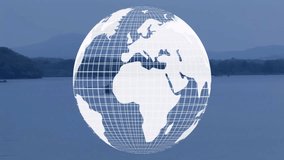 Rotating globe animation over serene lake with mountains in background. Nature, landscape, tranquility, scenic, digital - Powered by Shutterstock - Get 15% off with code: PIKWIZARD15