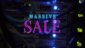 Massive sale text animation over server racks with glowing lights. Technology, servers, discount, data center - Powered by Shutterstock - Get 15% off with code: PIKWIZARD15