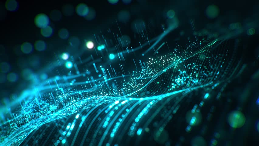 Abstract digital data wave with glowing particles and dynamic lines on a dark background, concept of technology and data visualization. 3d animation