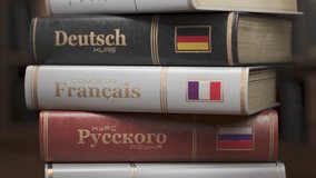 Stack of books and textbooks of various languages. Learning foreign language concept. The covers of the books say courses in Chinese, Russian, Spanish, German, Portuguese and Spanish. 3D Illustration - Powered by Shutterstock - Get 15% off with code: PIKWIZARD15