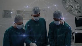 Doctors performing surgery with network connections animation over operating room. Healthcare, technology, innovation, medical, teamwork, connectivity - Powered by Shutterstock - Get 15% off with code: PIKWIZARD15