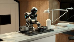 Smart robotic assistant putting pot on stove, cooking by program in cozy modern kitchen. Technology. Footage of white human-like robot. Daytime, futuristic, lifestyle. Home helper - Powered by Shutterstock - Get 15% off with code: PIKWIZARD15