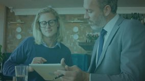 Business data network animation over two colleagues discussing work on tablet. technology, teamwork, collaboration, data analysis, digital, networking - Powered by Shutterstock - Get 15% off with code: PIKWIZARD15