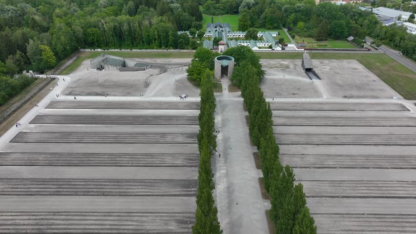 Drone view Dachau. Concentration camp memorial site. Dachau Nazi concentration camp. World war two. Death concentration center camp. Historical site and museum. Munich, Bavaria. Germany.