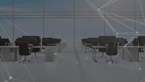 Network connections animation over empty office with desks and chairs. Connectivity, technology, communication, workspace, digital, infrastructure - Powered by Shutterstock - Get 15% off with code: PIKWIZARD15