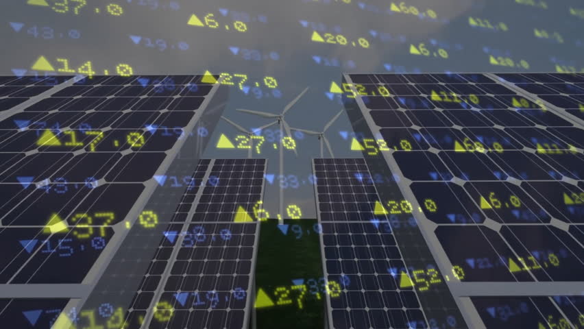 Solar panels and wind turbine with financial data animation overlaid. Renewable, sustainable, green energy, solar energy, wind power, financial growth - Powered by Shutterstock - Get 15% off with code: PIKWIZARD15