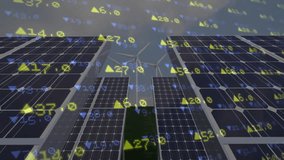 Solar panels and wind turbine with financial data animation overlaid. Renewable, sustainable, green energy, solar energy, wind power, financial growth - Powered by Shutterstock - Get 15% off with code: PIKWIZARD15