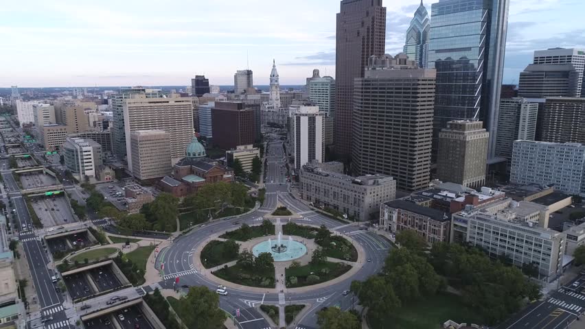 Beautiful Philadelphia Cityscape with City Hall, Logan Square Circle Cathedral, Vine Street Expressway, Temple in Background. Pennsylvania. Drone