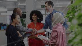 Network of connections animation over diverse business people interacting in office. teamwork, collaboration, networking, technology, diversity, communication - Powered by Shutterstock - Get 15% off with code: PIKWIZARD15