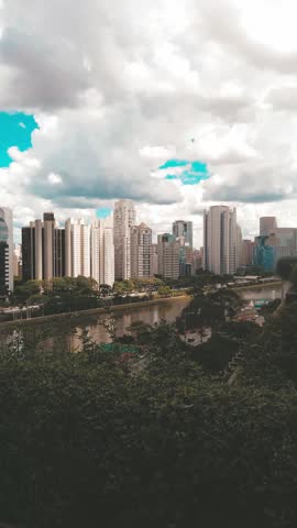 Vertical video of São Paulo, Brazil skyline with the Pinheiros river view	