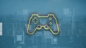 Game controller icon animation over digital cityscape background with data elements. Technology, gaming, futuristic, virtual, electronics - Powered by Shutterstock - Get 15% off with code: PIKWIZARD15