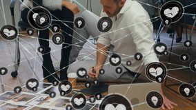 Collaborating in modern office, diverse colleagues with social media interaction animation. Teamwork, collaboration, coworkers, technology, workplace - Powered by Shutterstock - Get 15% off with code: PIKWIZARD15