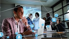 Networking and communication icons animation over business people working in office. teamwork, technology, collaboration, strategy, meeting - Powered by Shutterstock - Get 15% off with code: PIKWIZARD15