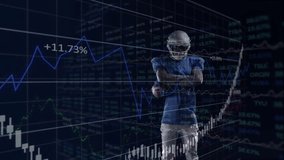 Financial data and stock market animation over American football player holding ball. Finance, sports, athlete, economics, data visualization, business - Powered by Shutterstock - Get 15% off with code: PIKWIZARD15