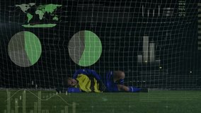 Soccer player diving to save ball with data analysis animation over net. football, athlete, goalkeeper, technology, sports, action - Powered by Shutterstock - Get 15% off with code: PIKWIZARD15