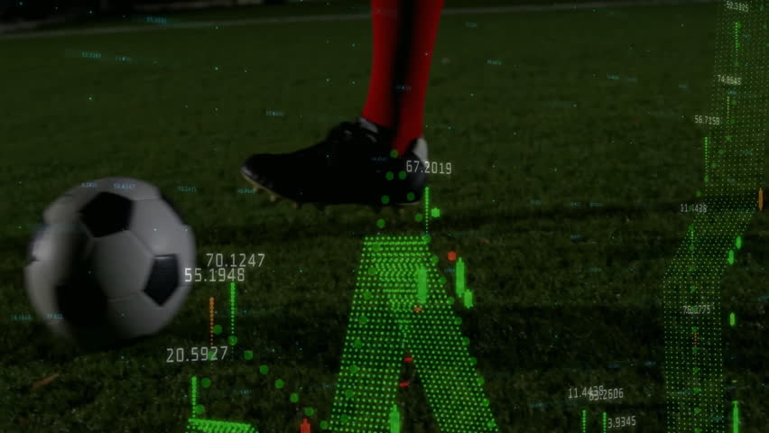 Kicking soccer ball, player with stock market data animation over grass field. football, sports, athlete, finance, investment, digital - Powered by Shutterstock - Get 15% off with code: PIKWIZARD15