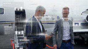 Businessmen walking near private jet with data analysis animation overlay. corporate, technology, travel, executive, luxury, aviation - Powered by Shutterstock - Get 15% off with code: PIKWIZARD15