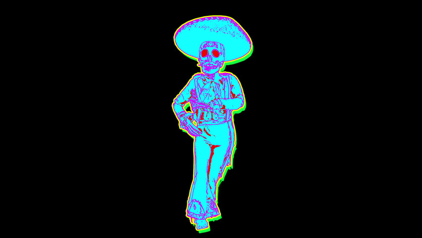 Seamless animation of a dancing mexican skeleton isolated with alpha channel. Halloween background with cartoon illustration effect