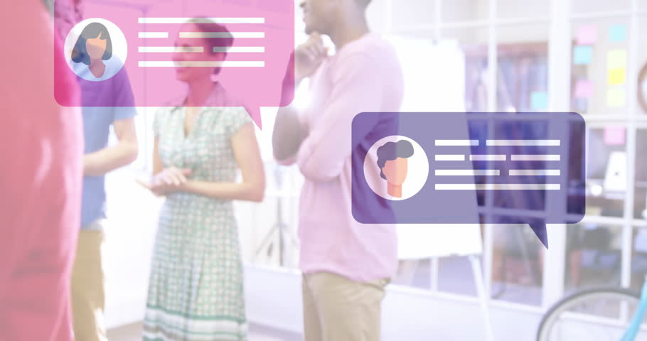 Chat bubble animation over diverse people interacting in office environment. Business, communication, teamwork, collaboration, meeting, brainstorming