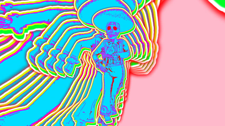 Dancing mexican skeleton with echo effect. Halloween seamless background with cartoon illustration effect