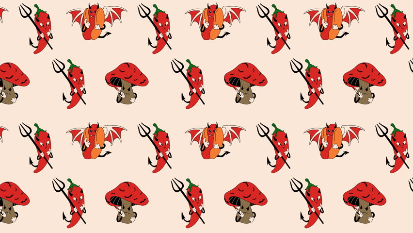 Сute, happy, funny hot dog, pepper devil and mushroom with a knife. Old animation Loop Background. Video flat cartoon animation design element. 4K video footage