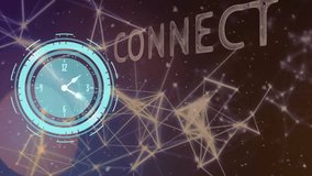 Clock animation over network connections with CONNECT text. Technology, connectivity, digital network, internet, communication, time - Powered by Shutterstock - Get 15% off with code: PIKWIZARD15