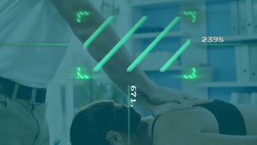 Massage therapy session with digital data processing animation over therapist and patient. Wellness, healthcare, relaxation, data analysis, technology, healing - Powered by Shutterstock - Get 15% off with code: PIKWIZARD15