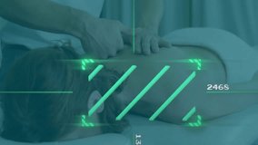 Massage therapy session with biometric data analysis animation over person lying down. Wellness, relaxation, health, hologram, spa, relaxation - Powered by Shutterstock - Get 15% off with code: PIKWIZARD15