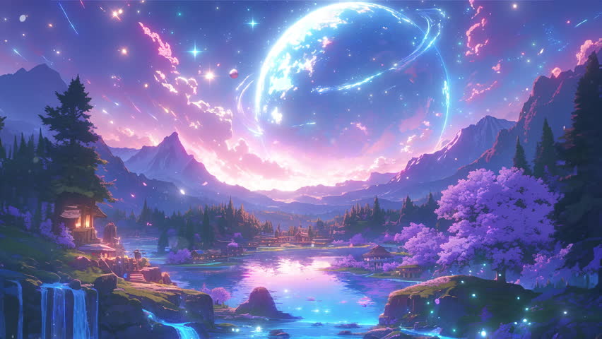 Anime animation of a night sky with stars, planet and lake. Fantasy world