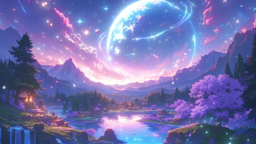 Anime animation of a night sky with stars, planet and lake. Fantasy world